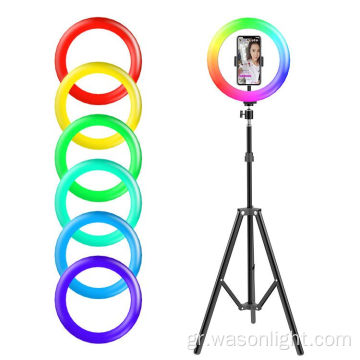 2023 Χονδρική ομορφιά RGB Αλλαγή χρώματος LED LED Selfie Camera Ring Light με ρυθμιζόμενο τρίποδο και κάτοχος τηλεφώνου